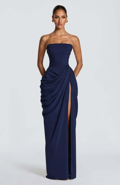 Off-shoulder ruffled slit dress
